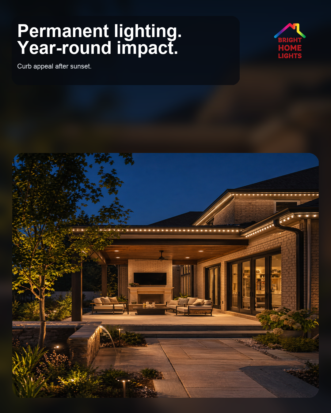 Luxury home at night with permanent outdoor lighting along roofline and landscape